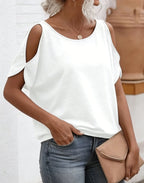 T-shirt pour femme à épaules dénudées, manches courtes, en maille douce unie, coupe ample, décontracté, chic, respirant, pour le quotidien, printemps-été