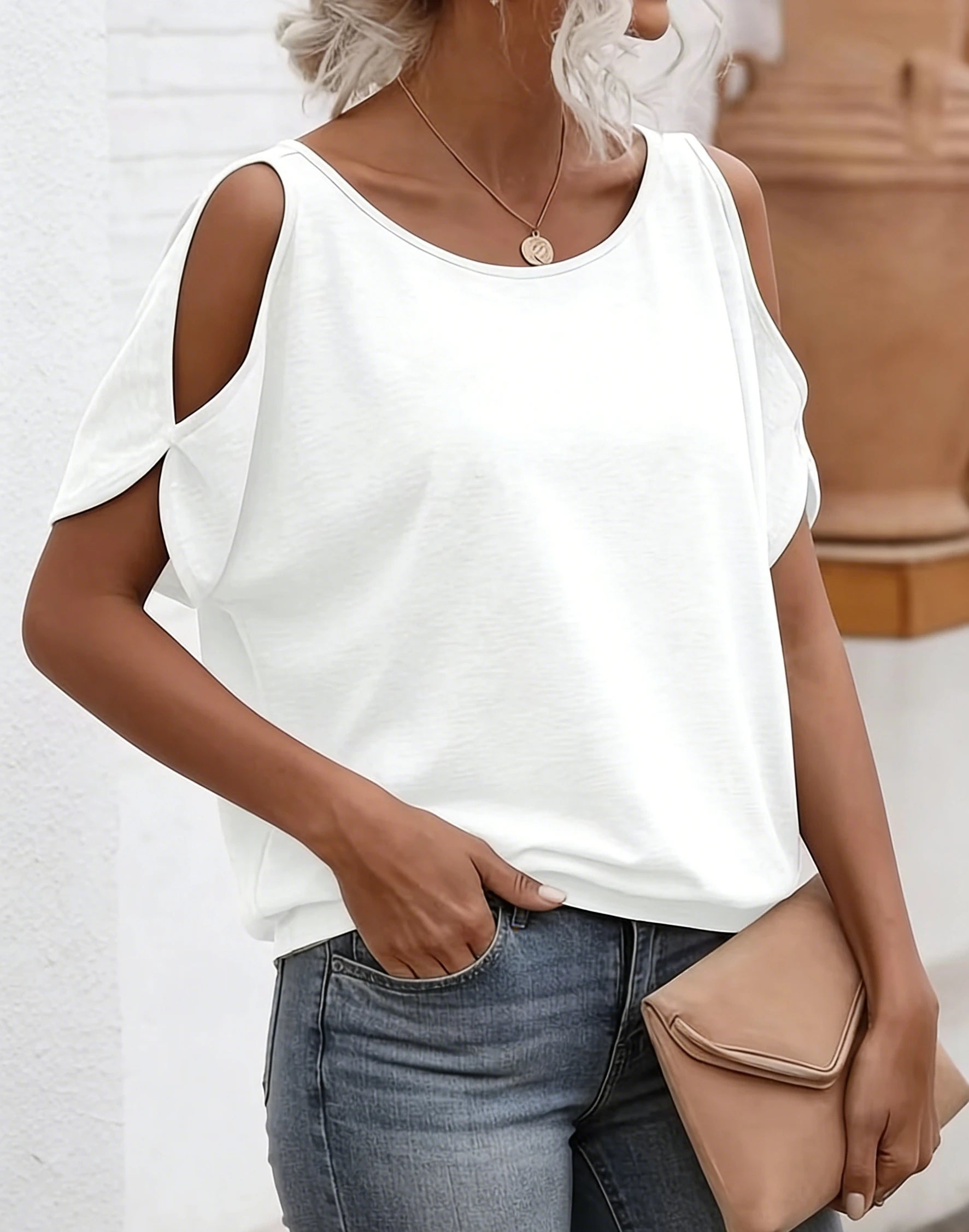 T-shirt pour femme à épaules dénudées, manches courtes, en maille douce unie, coupe ample, décontracté, chic, respirant, pour le quotidien, printemps-été