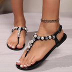Sandales à diamants en forme de T pour femmes, sandales à bout plat, en PVC perlé, confortables et polyvalentes, nouvelle collection été 2026