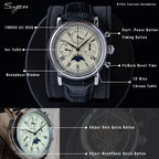 Sugess – montre-bracelet pour hommes, ST1908, mouvement à col de cygne, chronographe mécanique, véritable calendrier de phase de lune, cuir Vintage, nouveau 2026