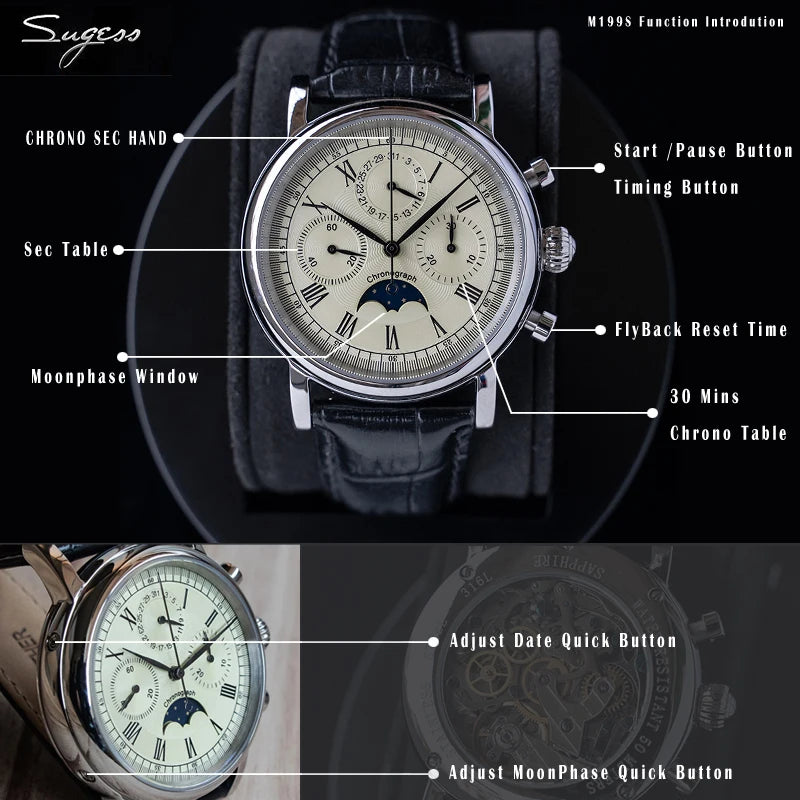 Sugess – montre-bracelet pour hommes, ST1908, mouvement à col de cygne, chronographe mécanique, véritable calendrier de phase de lune, cuir Vintage, nouveau 2026