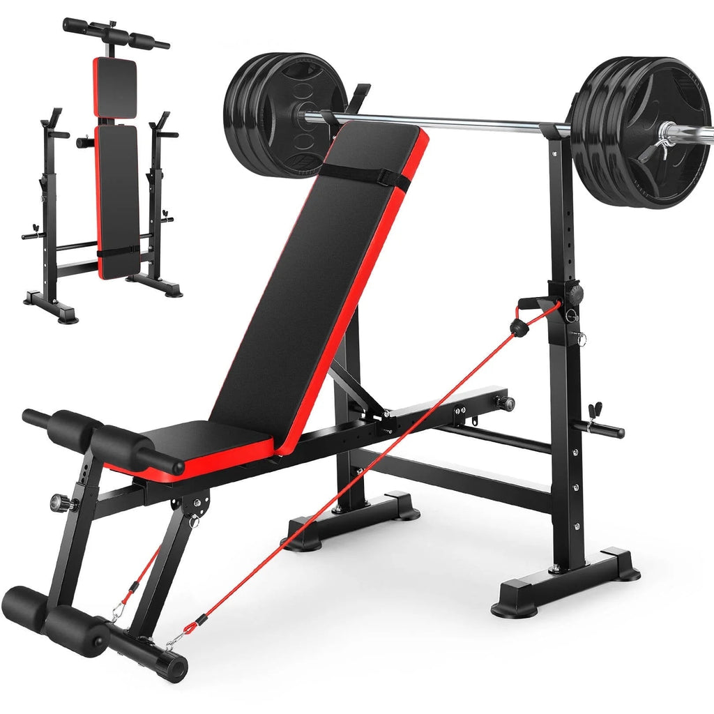Adjustable Weight Bench Set 6 in 1 Bench Press Workout Bench with Barbell Rack Removable Foot Bracket, Pairs of Resistance Bands for Home Gym Training - Fix & GoAdjustable Weight Bench Set 6 in 1 Bench Press Workout Bench with Barbell Rack Removable Foot Bracket, Pairs of Resistance Bands for Home Gym TrainingFix & Go
