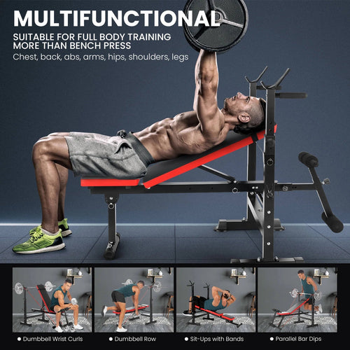 Adjustable Weight Bench Set 6 in 1 Bench Press Workout Bench with Barbell Rack Removable Foot Bracket, Pairs of Resistance Bands for Home Gym Training - Fix & GoAdjustable Weight Bench Set 6 in 1 Bench Press Workout Bench with Barbell Rack Removable Foot Bracket, Pairs of Resistance Bands for Home Gym TrainingFix & Go