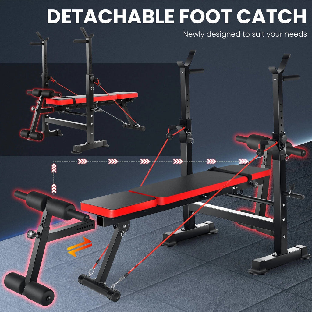 Adjustable Weight Bench Set 6 in 1 Bench Press Workout Bench with Barbell Rack Removable Foot Bracket, Pairs of Resistance Bands for Home Gym Training - Fix & GoAdjustable Weight Bench Set 6 in 1 Bench Press Workout Bench with Barbell Rack Removable Foot Bracket, Pairs of Resistance Bands for Home Gym TrainingFix & Go