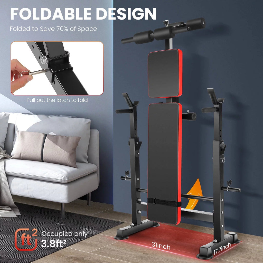 Adjustable Weight Bench Set 6 in 1 Bench Press Workout Bench with Barbell Rack Removable Foot Bracket, Pairs of Resistance Bands for Home Gym Training - Fix & GoAdjustable Weight Bench Set 6 in 1 Bench Press Workout Bench with Barbell Rack Removable Foot Bracket, Pairs of Resistance Bands for Home Gym TrainingFix & Go