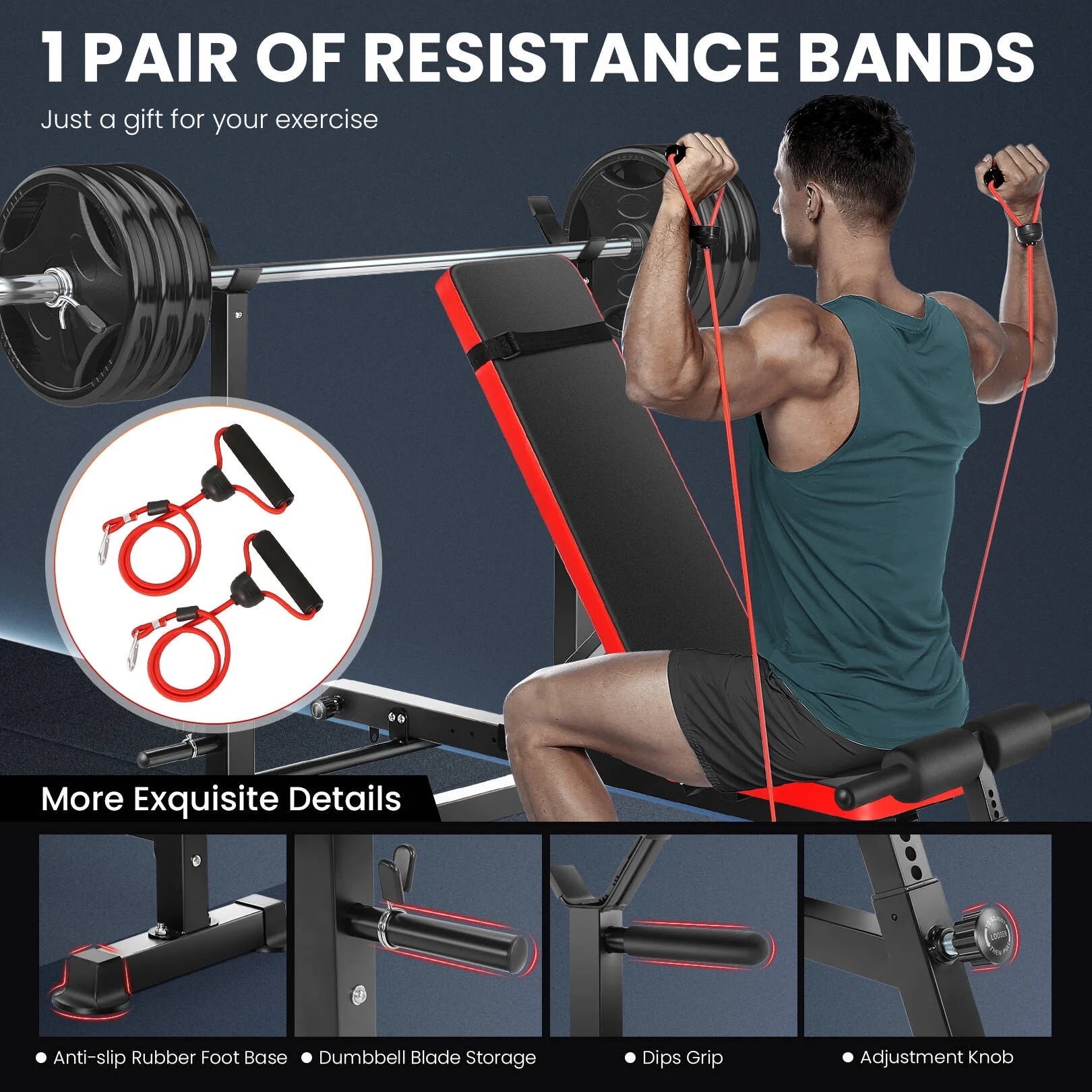 Adjustable Weight Bench Set 6 in 1 Bench Press Workout Bench with Barbell Rack Removable Foot Bracket, Pairs of Resistance Bands for Home Gym Training - Fix & GoAdjustable Weight Bench Set 6 in 1 Bench Press Workout Bench with Barbell Rack Removable Foot Bracket, Pairs of Resistance Bands for Home Gym TrainingFix & Go