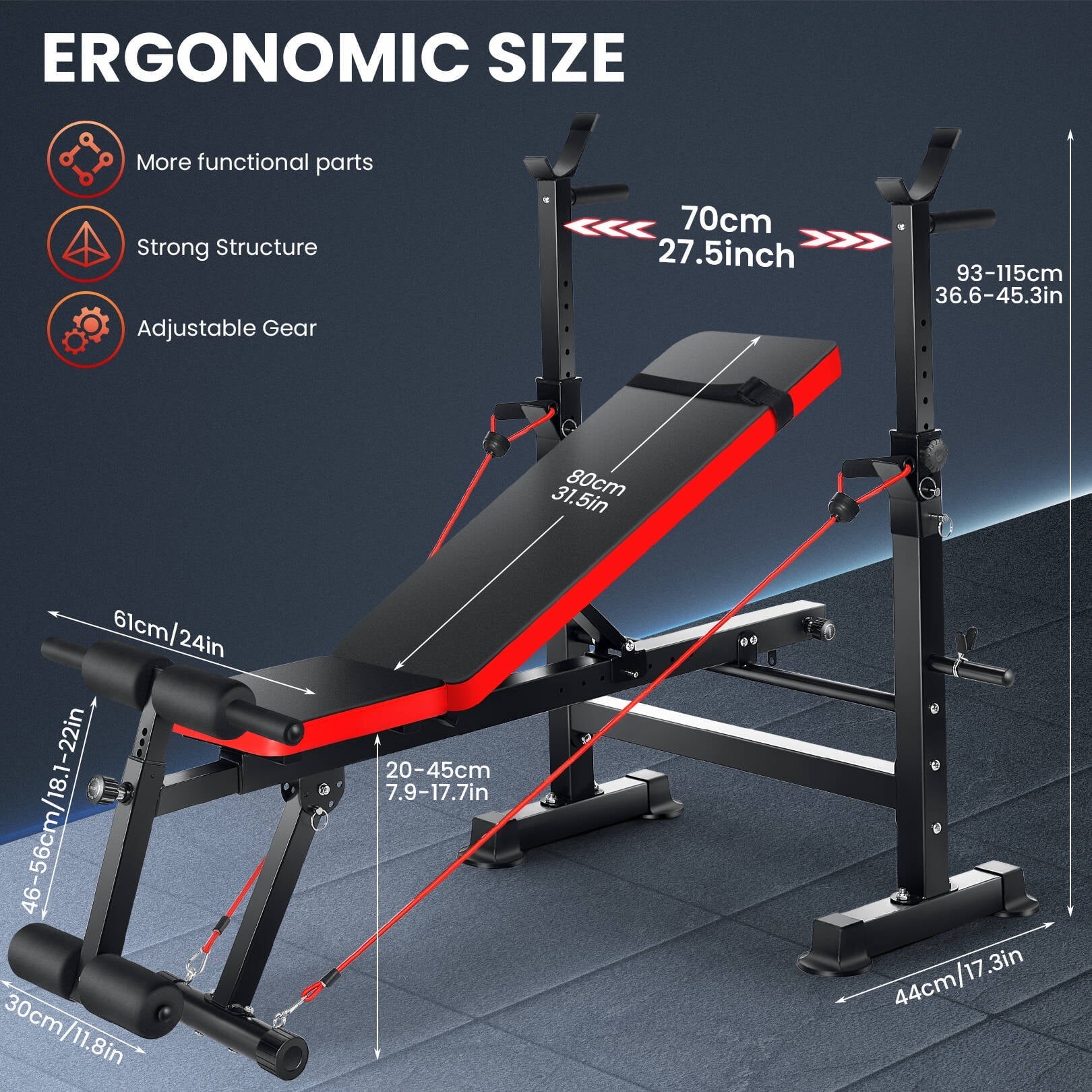 Adjustable Weight Bench Set 6 in 1 Bench Press Workout Bench with Barbell Rack Removable Foot Bracket, Pairs of Resistance Bands for Home Gym Training - Fix & GoAdjustable Weight Bench Set 6 in 1 Bench Press Workout Bench with Barbell Rack Removable Foot Bracket, Pairs of Resistance Bands for Home Gym TrainingFix & Go