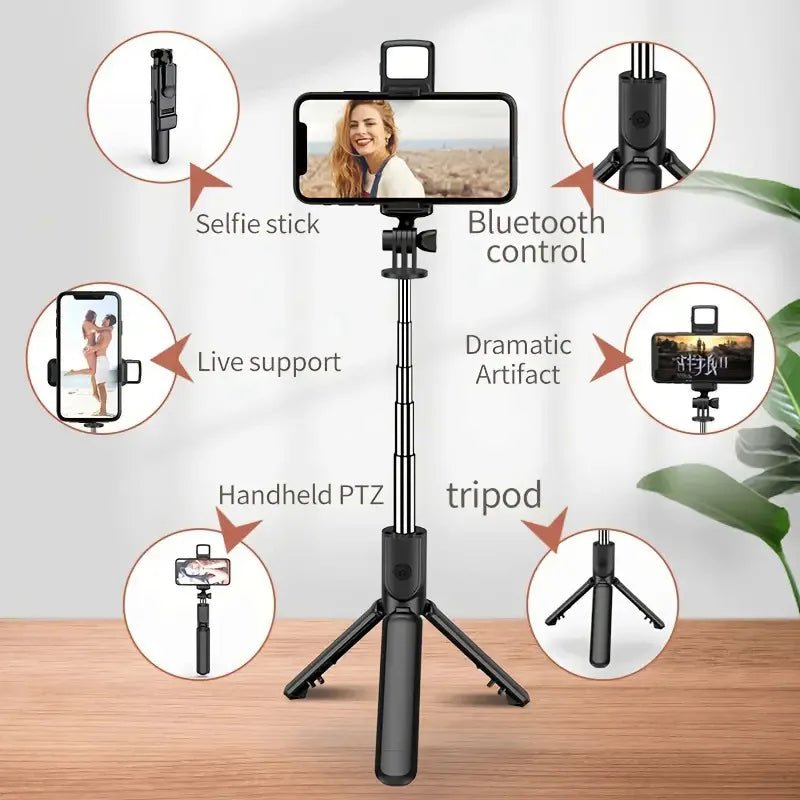All In One Expandable Portable IPhone Tripod Selfie Stick Selfie Stick With Remote With Detachable BT Wireless Remote Compatible - Fix & GoAll In One Expandable Portable IPhone Tripod Selfie Stick Selfie Stick With Remote With Detachable BT Wireless Remote CompatibleVidéo & PhotoFix & Go