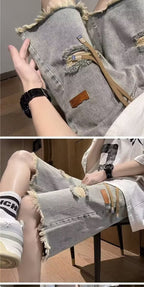 American high street retro frayed ripped Denim shorts men's summer thin fashion brand trendy ruffle handsome shorts - FATAONAmerican high street retro frayed ripped Denim shorts men's summer thin fashion brand trendy ruffle handsome shortsMode HommeFATAON