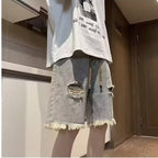 American high street retro frayed ripped Denim shorts men's summer thin fashion brand trendy ruffle handsome shorts - FATAONAmerican high street retro frayed ripped Denim shorts men's summer thin fashion brand trendy ruffle handsome shortsMode HommeFATAON