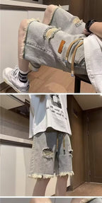 American high street retro frayed ripped Denim shorts men's summer thin fashion brand trendy ruffle handsome shorts - FATAONAmerican high street retro frayed ripped Denim shorts men's summer thin fashion brand trendy ruffle handsome shortsMode HommeFATAON