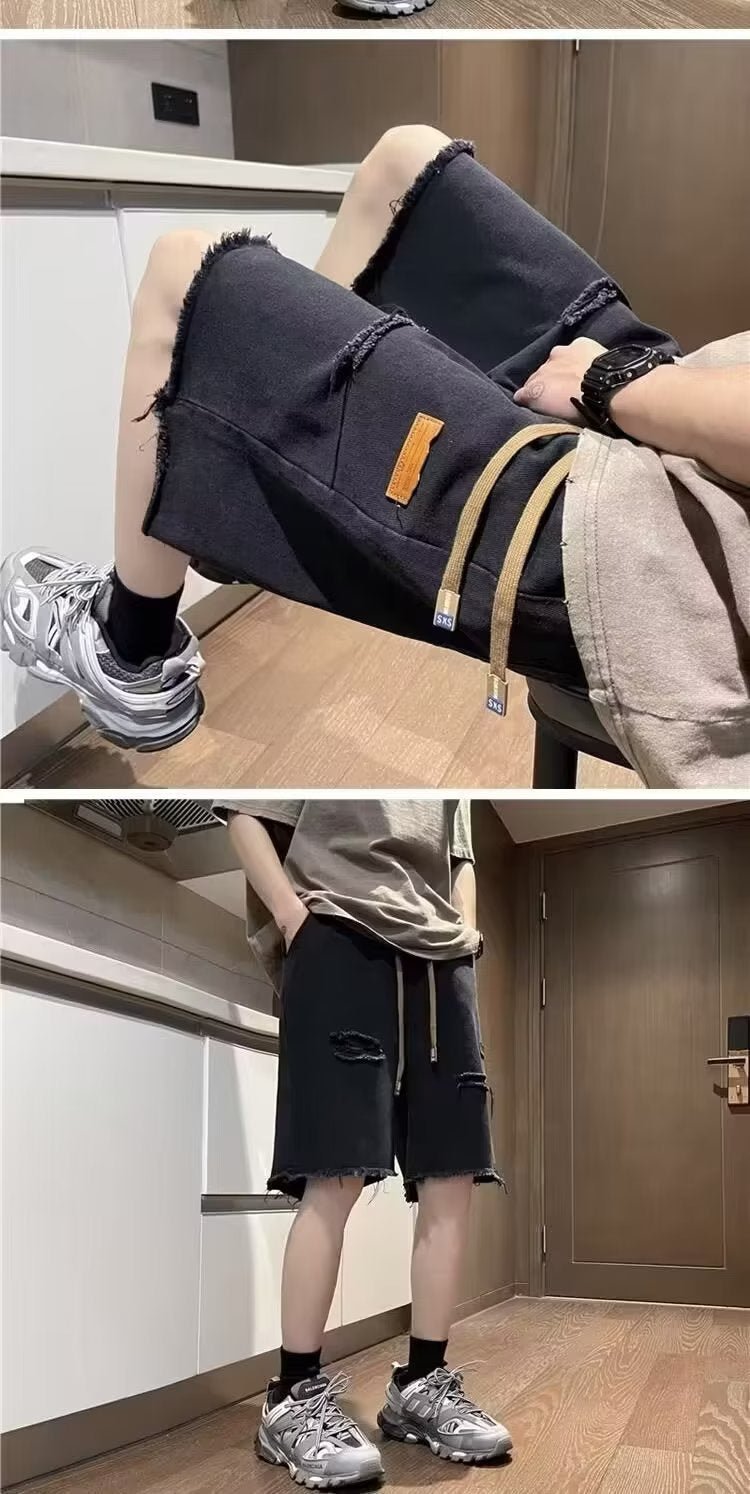 American high street retro frayed ripped Denim shorts men's summer thin fashion brand trendy ruffle handsome shorts - FATAONAmerican high street retro frayed ripped Denim shorts men's summer thin fashion brand trendy ruffle handsome shortsMode HommeFATAON