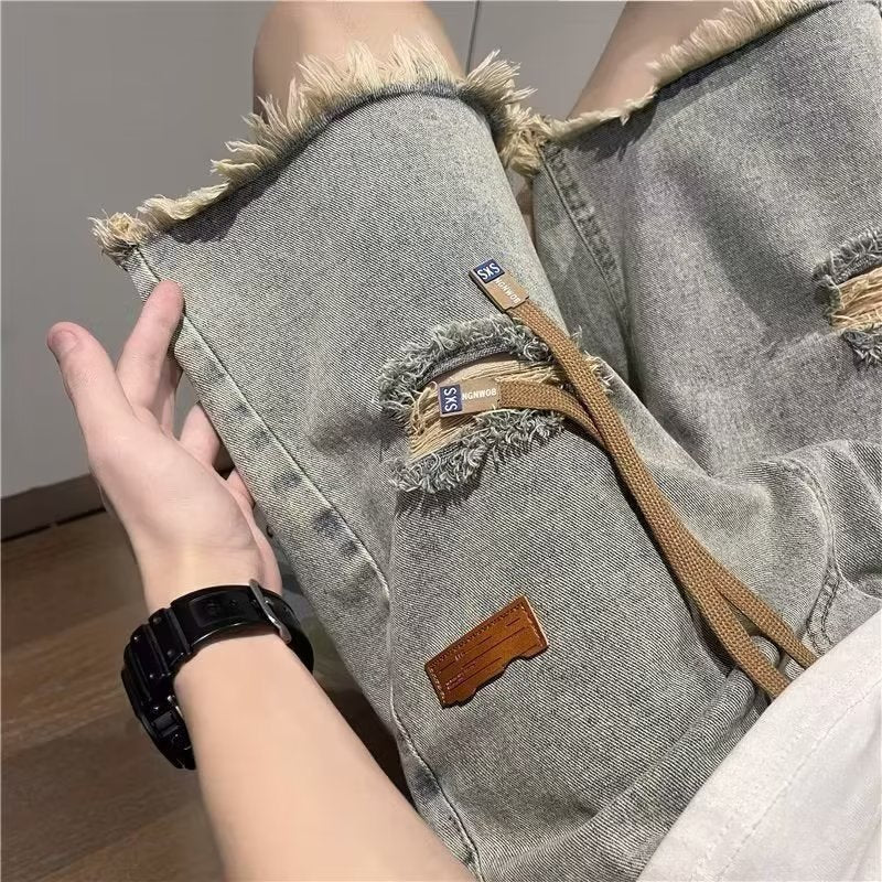 American high street retro frayed ripped Denim shorts men's summer thin fashion brand trendy ruffle handsome shorts - FATAONAmerican high street retro frayed ripped Denim shorts men's summer thin fashion brand trendy ruffle handsome shortsMode HommeFATAON