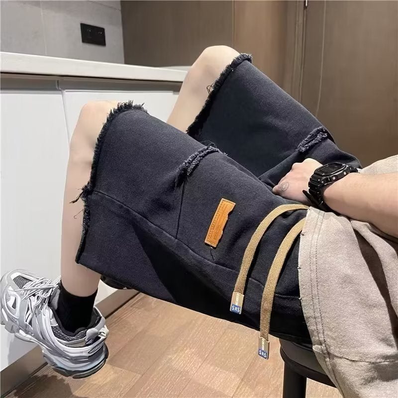 American high street retro frayed ripped Denim shorts men's summer thin fashion brand trendy ruffle handsome shorts - FATAONAmerican high street retro frayed ripped Denim shorts men's summer thin fashion brand trendy ruffle handsome shortsMode HommeFATAON