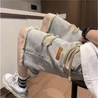 American high street retro frayed ripped Denim shorts men's summer thin fashion brand trendy ruffle handsome shorts - FATAONAmerican high street retro frayed ripped Denim shorts men's summer thin fashion brand trendy ruffle handsome shortsMode HommeFATAON