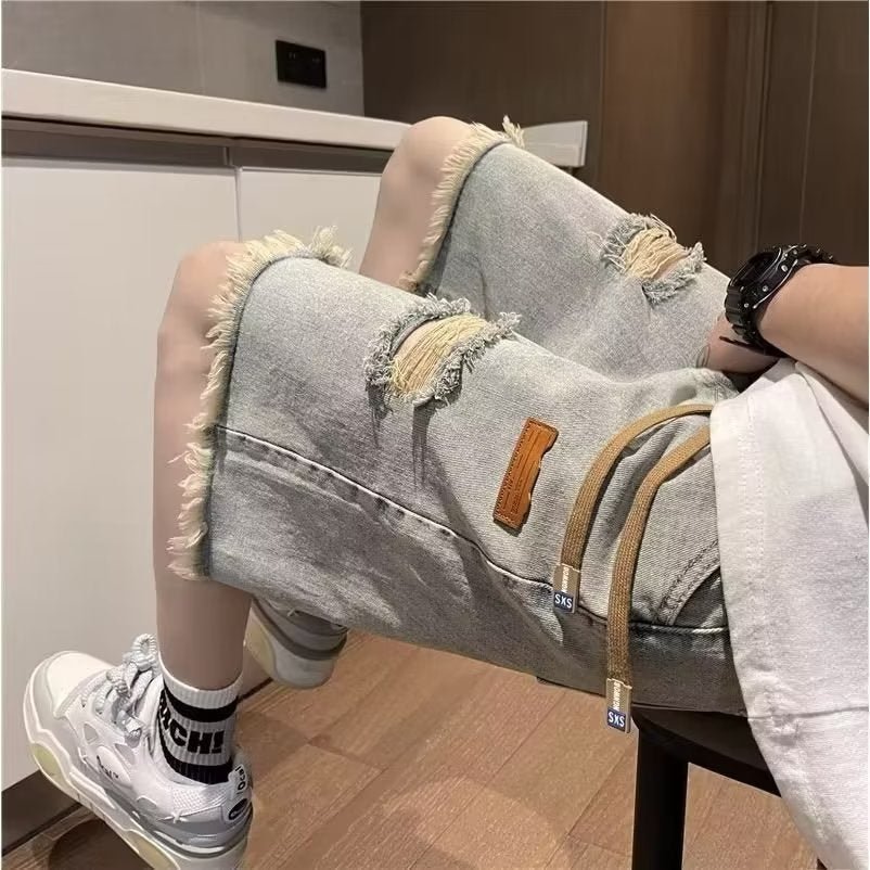 American high street retro frayed ripped Denim shorts men's summer thin fashion brand trendy ruffle handsome shorts - FATAONAmerican high street retro frayed ripped Denim shorts men's summer thin fashion brand trendy ruffle handsome shortsMode HommeFATAON