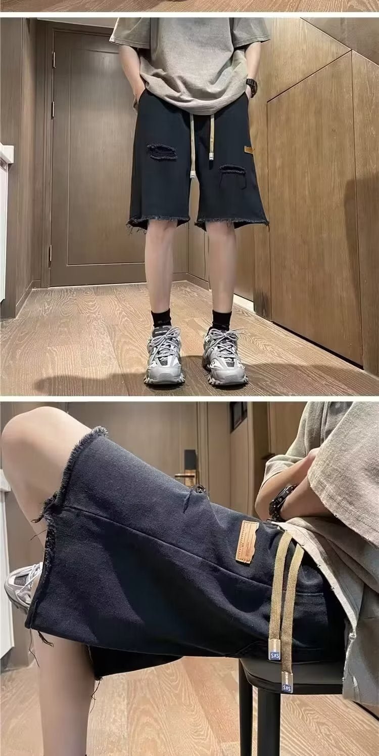 American high street retro frayed ripped Denim shorts men's summer thin fashion brand trendy ruffle handsome shorts - FATAONAmerican high street retro frayed ripped Denim shorts men's summer thin fashion brand trendy ruffle handsome shortsMode HommeFATAON