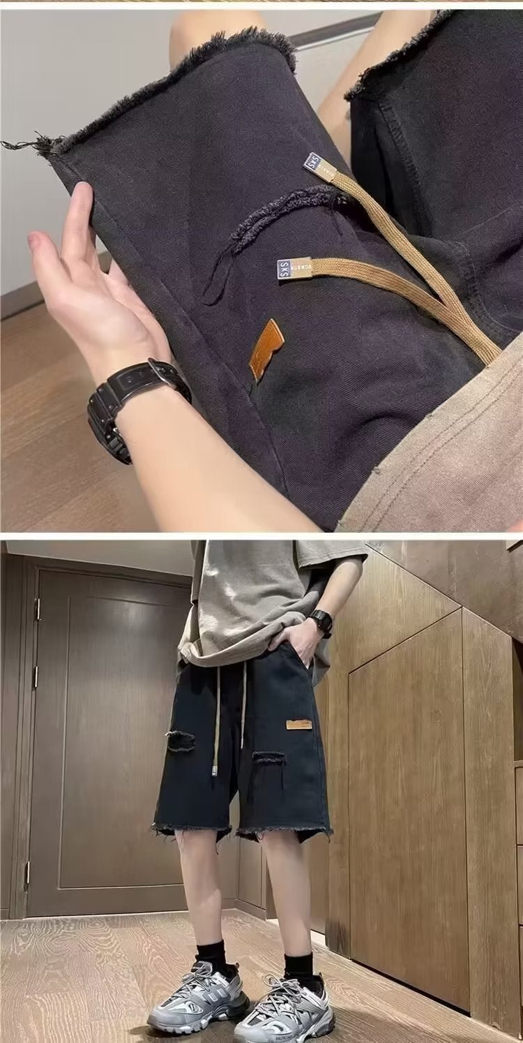 American high street retro frayed ripped Denim shorts men's summer thin fashion brand trendy ruffle handsome shorts - FATAONAmerican high street retro frayed ripped Denim shorts men's summer thin fashion brand trendy ruffle handsome shortsMode HommeFATAON