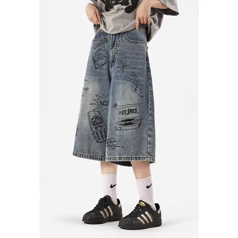 American Style High Street Fashionable Brand Summer Denim Shorts Men's Graffiti Jane Youth High Street Fashionable Fashionable Cropped Jeans - FATAONAmerican Style High Street Fashionable Brand Summer Denim Shorts Men's Graffiti Jane Youth High Street Fashionable Fashionable Cropped JeansMode HommeFATAON