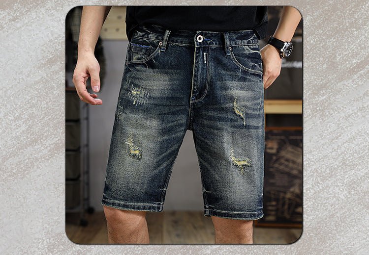 American Style Trendy Brand Retro Washed Old Scraped Denim Shorts Men's Summer New Slim-fit Ripped Five-point Pants - FATAONAmerican Style Trendy Brand Retro Washed Old Scraped Denim Shorts Men's Summer New Slim-fit Ripped Five-point PantsMode HommeFATAON