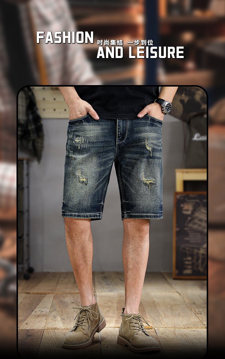 American Style Trendy Brand Retro Washed Old Scraped Denim Shorts Men's Summer New Slim-fit Ripped Five-point Pants - FATAONAmerican Style Trendy Brand Retro Washed Old Scraped Denim Shorts Men's Summer New Slim-fit Ripped Five-point PantsMode HommeFATAON