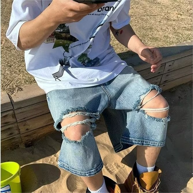 American Style Trendy Brand Thin Wide Leg Loose Loose Cropped Shorts Men's High Street Ripped Knee Washed Jeans - FATAONAmerican Style Trendy Brand Thin Wide Leg Loose Loose Cropped Shorts Men's High Street Ripped Knee Washed JeansMode HommeFATAON