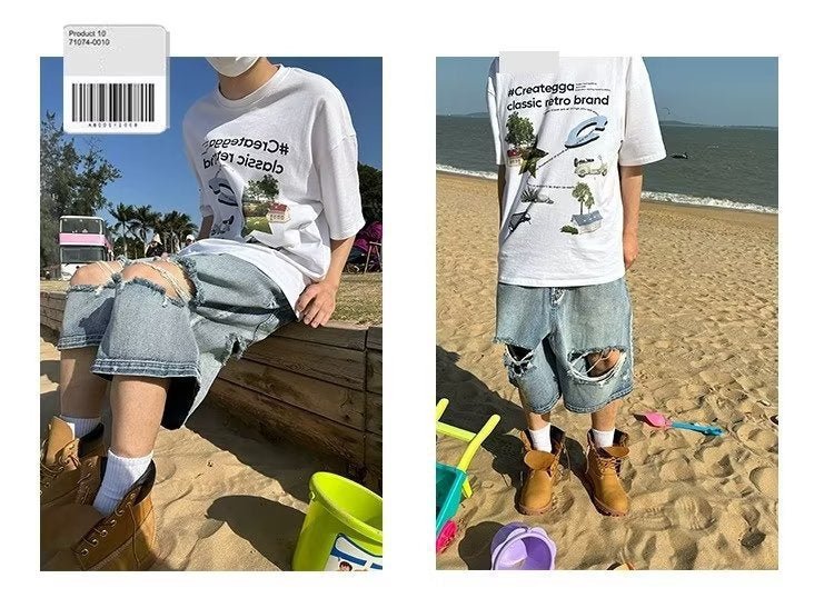 American Style Trendy Brand Thin Wide Leg Loose Loose Cropped Shorts Men's High Street Ripped Knee Washed Jeans - FATAONAmerican Style Trendy Brand Thin Wide Leg Loose Loose Cropped Shorts Men's High Street Ripped Knee Washed JeansMode HommeFATAON