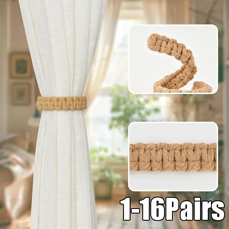Attaches de rideaux bohèmes faits à la main en jute avec design en fibres naturelles – Supports élégants pour draperies, parfaits pour les accents de chambre - FATAONAttaches de rideaux bohèmes faits à la main en jute avec design en fibres naturelles – Supports élégants pour draperies, parfaits pour les accents de chambreSolutions MaisonFATAON