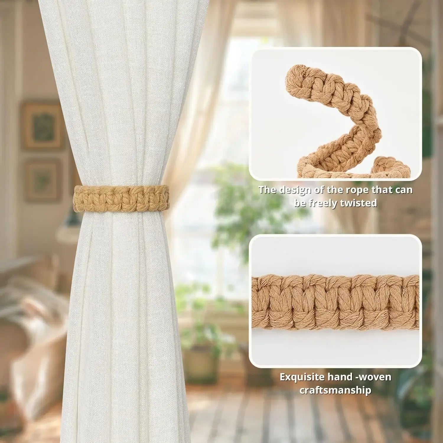 Attaches de rideaux bohèmes faits à la main en jute avec design en fibres naturelles – Supports élégants pour draperies, parfaits pour les accents de chambre - FATAONAttaches de rideaux bohèmes faits à la main en jute avec design en fibres naturelles – Supports élégants pour draperies, parfaits pour les accents de chambreSolutions MaisonFATAON