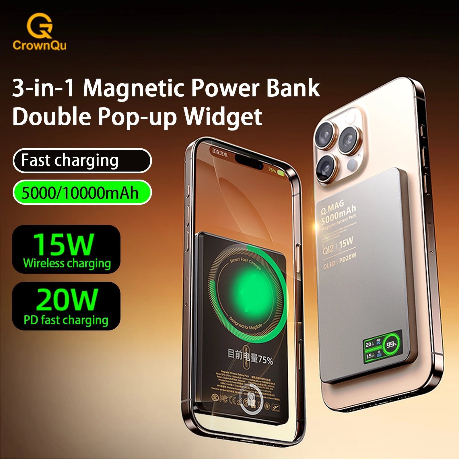 Batterie externe portable magnétique QI 2.1 à charge rapide sans fil pour iPhone 12-17 Pro, Watch, Airpods 5000/10000mAh - FATAONBatterie externe portable magnétique QI 2.1 à charge rapide sans fil pour iPhone 12-17 Pro, Watch, Airpods 5000/10000mAhFATAON