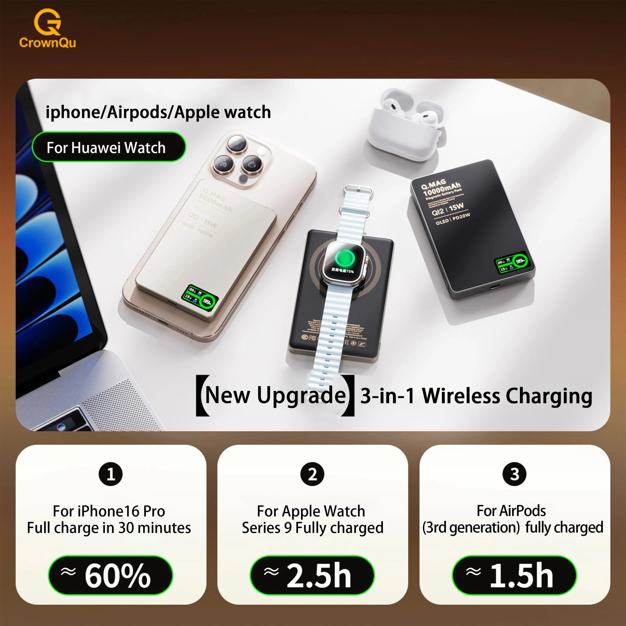 Batterie externe portable magnétique QI 2.1 à charge rapide sans fil pour iPhone 12-17 Pro, Watch, Airpods 5000/10000mAh - FATAONBatterie externe portable magnétique QI 2.1 à charge rapide sans fil pour iPhone 12-17 Pro, Watch, Airpods 5000/10000mAhFATAON