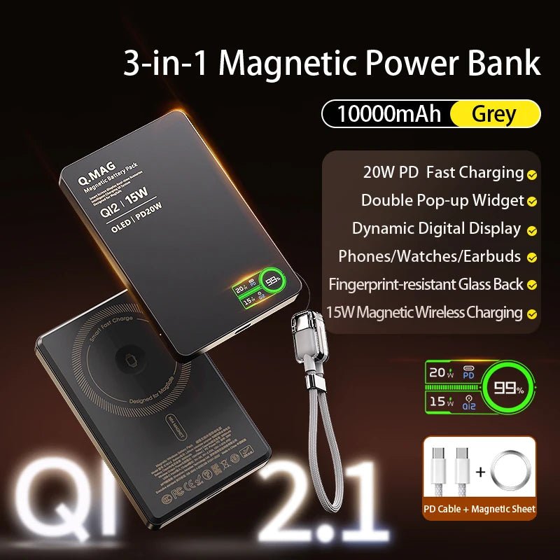 Batterie externe portable magnétique QI 2.1 à charge rapide sans fil pour iPhone 12-17 Pro, Watch, Airpods 5000/10000mAh - FATAONBatterie externe portable magnétique QI 2.1 à charge rapide sans fil pour iPhone 12-17 Pro, Watch, Airpods 5000/10000mAhFATAON