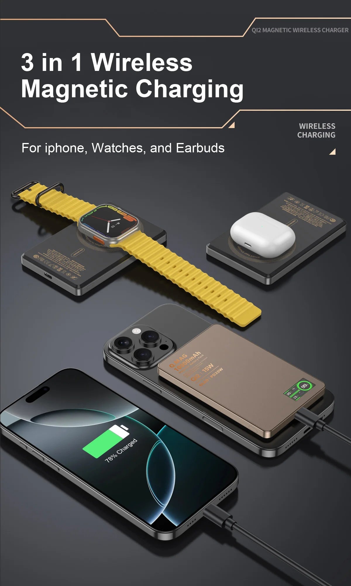 Batterie externe portable magnétique QI 2.1 à charge rapide sans fil pour iPhone 12-17 Pro, Watch, Airpods 5000/10000mAh - FATAONBatterie externe portable magnétique QI 2.1 à charge rapide sans fil pour iPhone 12-17 Pro, Watch, Airpods 5000/10000mAhFATAON