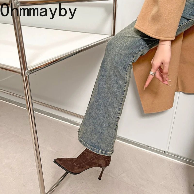 Bottines à talons hauts et bout pointu pour femme, chaussures de soirée de danse élégantes, à la mode, courtes et fines, extensibles, automne et hiver - FATAONBottines à talons hauts et bout pointu pour femme, chaussures de soirée de danse élégantes, à la mode, courtes et fines, extensibles, automne et hiverMode FemmeFATAON
