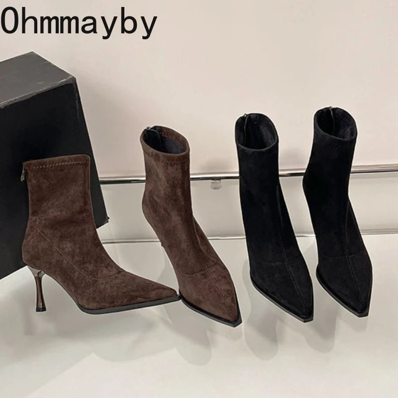 Bottines à talons hauts et bout pointu pour femme, chaussures de soirée de danse élégantes, à la mode, courtes et fines, extensibles, automne et hiver - FATAONBottines à talons hauts et bout pointu pour femme, chaussures de soirée de danse élégantes, à la mode, courtes et fines, extensibles, automne et hiverMode FemmeFATAON
