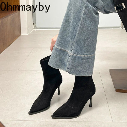 Bottines à talons hauts et bout pointu pour femme, chaussures de soirée de danse élégantes, à la mode, courtes et fines, extensibles, automne et hiver - FATAONBottines à talons hauts et bout pointu pour femme, chaussures de soirée de danse élégantes, à la mode, courtes et fines, extensibles, automne et hiverMode FemmeFATAON