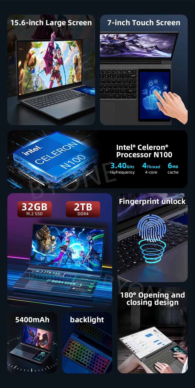 BYONE-Ordinateur portable à écran tactile BYACHtourists, ordinateur portable Windows 11, processeur Intel N100, 15.6 "IPS + 7", 32 Go DDR4, 2 To SSD - FATAONBYONE-Ordinateur portable à écran tactile BYACHtourists, ordinateur portable Windows 11, processeur Intel N100, 15.6 "IPS + 7", 32 Go DDR4, 2 To SSDProductivité & OrganisationFATAON