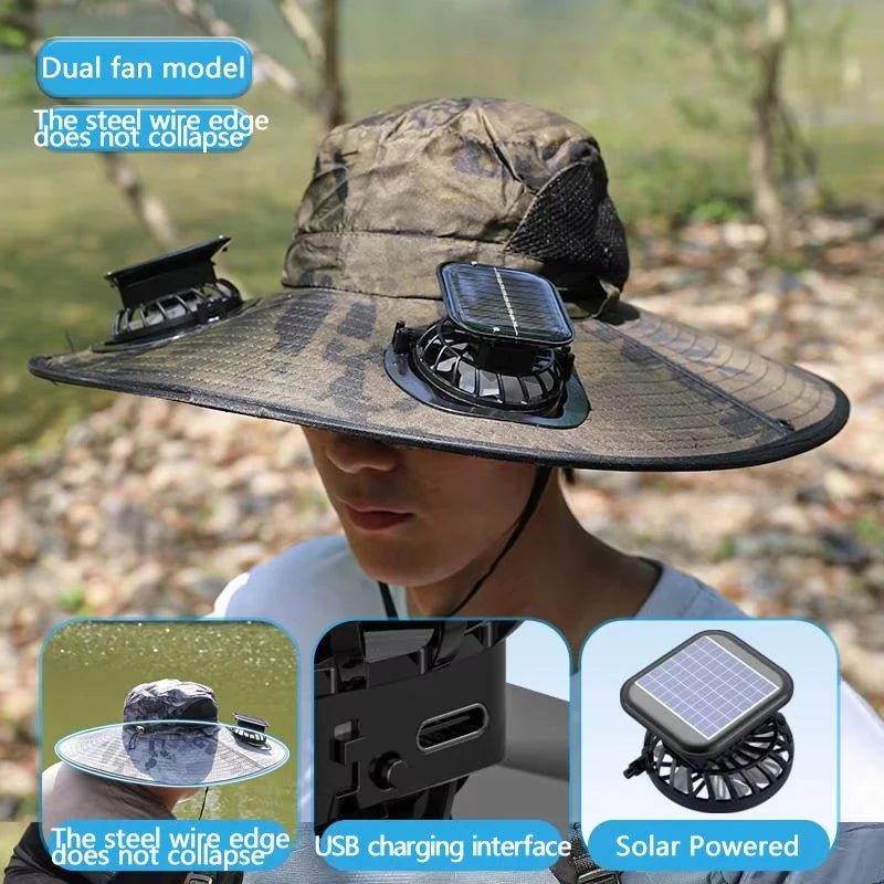 Chapeau solaire à double ventilateur à large bord, pour Camping en plein air, pêche, Anti-UV, pour hommes, escalade, Protection solaire, chapeau de pêcheur - FATAONChapeau solaire à double ventilateur à large bord, pour Camping en plein air, pêche, Anti-UV, pour hommes, escalade, Protection solaire, chapeau de pêcheurTechnologie IntelligenteFATAON