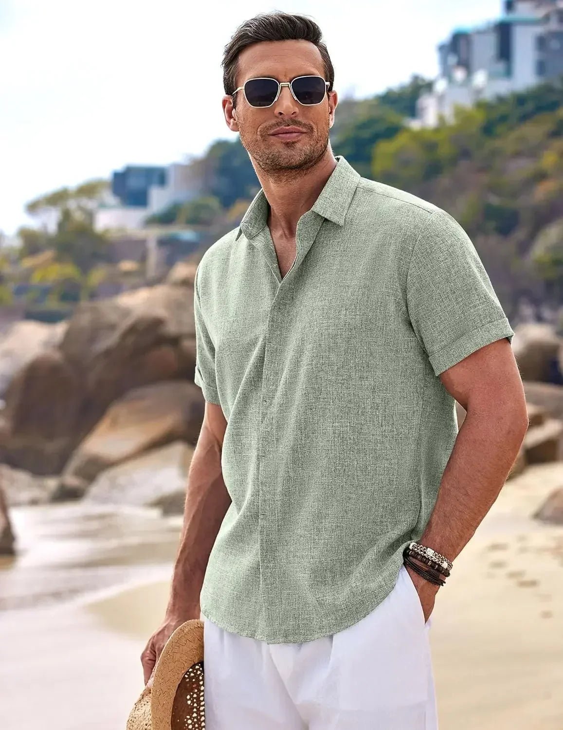 Chemise décontractée à manches courtes pour hommes, couleur unie, pull à boutons, lin, coton, confortable, haut quotidien, chemise de plage, d'été - FATAONChemise décontractée à manches courtes pour hommes, couleur unie, pull à boutons, lin, coton, confortable, haut quotidien, chemise de plage, d'étéMode HommeFATAON