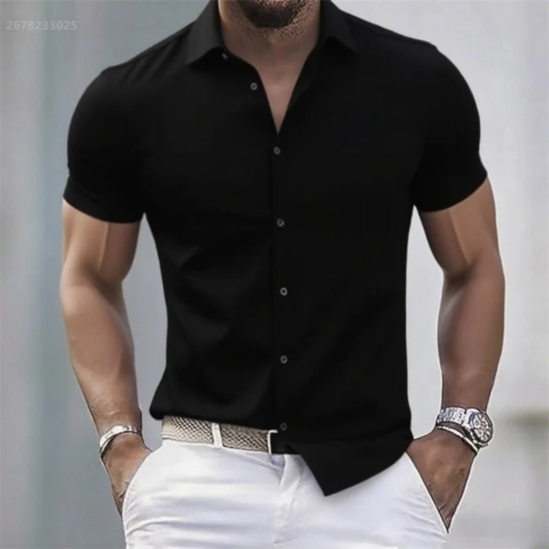 Chemise décontractée pour hommes de couleur unie, tissu extensible à manches courtes décontracté à la mode, chemise formelle d'affaires, tissu confortable - FATAONChemise décontractée pour hommes de couleur unie, tissu extensible à manches courtes décontracté à la mode, chemise formelle d'affaires, tissu confortableMode HommeFATAON
