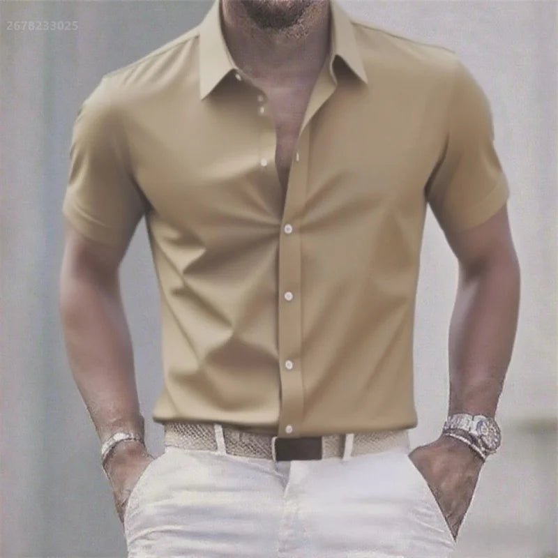 Chemise décontractée pour hommes de couleur unie, tissu extensible à manches courtes décontracté à la mode, chemise formelle d'affaires, tissu confortable - FATAONChemise décontractée pour hommes de couleur unie, tissu extensible à manches courtes décontracté à la mode, chemise formelle d'affaires, tissu confortableMode HommeFATAON