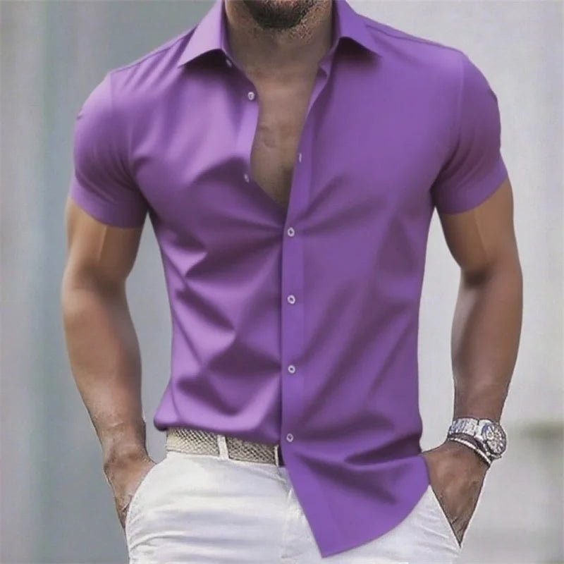 Chemise décontractée pour hommes de couleur unie, tissu extensible à manches courtes décontracté à la mode, chemise formelle d'affaires, tissu confortable - FATAONChemise décontractée pour hommes de couleur unie, tissu extensible à manches courtes décontracté à la mode, chemise formelle d'affaires, tissu confortableMode HommeFATAON