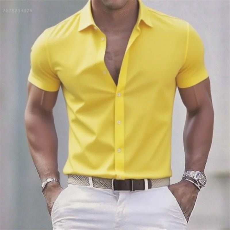 Chemise décontractée pour hommes de couleur unie, tissu extensible à manches courtes décontracté à la mode, chemise formelle d'affaires, tissu confortable - FATAONChemise décontractée pour hommes de couleur unie, tissu extensible à manches courtes décontracté à la mode, chemise formelle d'affaires, tissu confortableMode HommeFATAON
