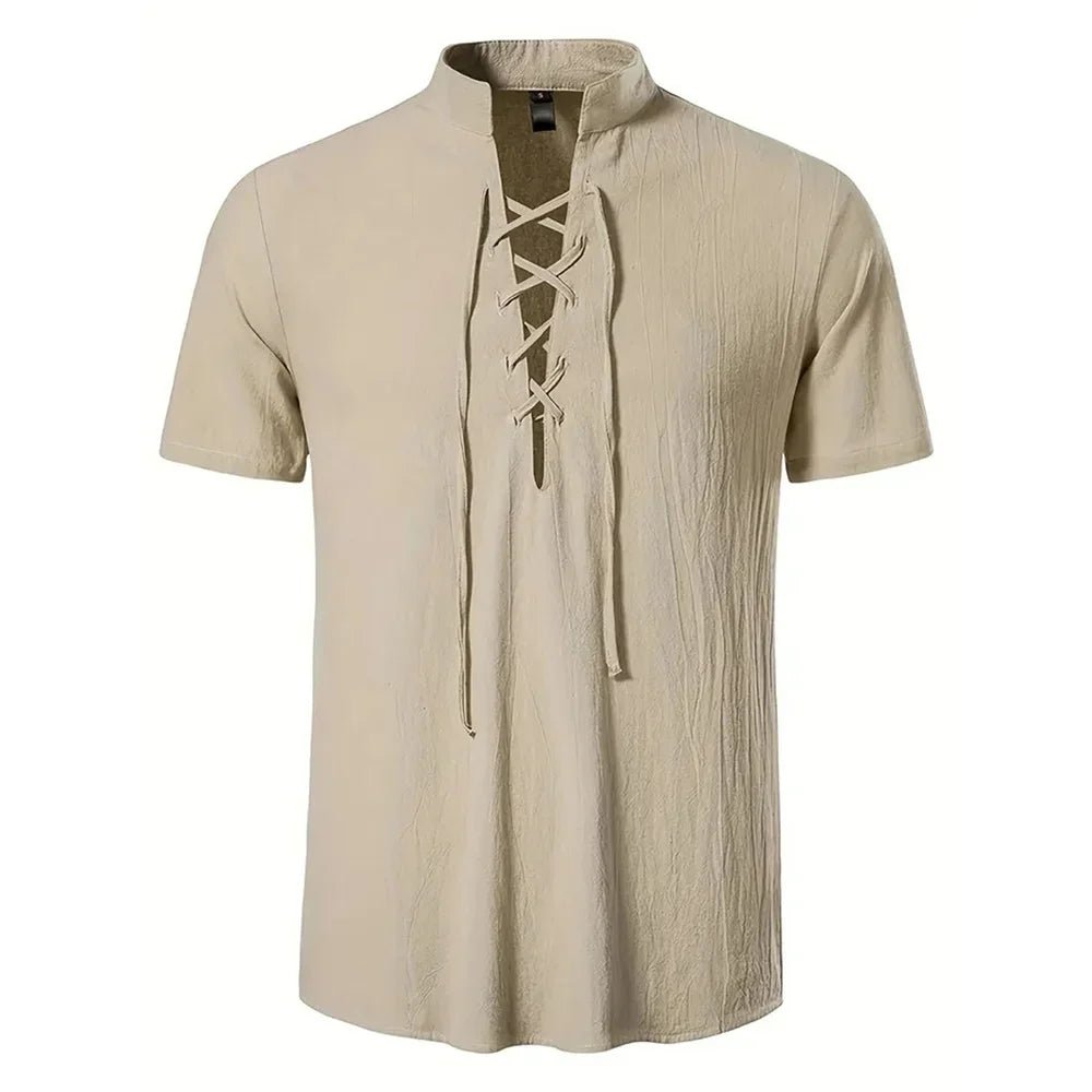 Chemise rétro à manches courtes pour hommes, en coton et lin, légère, respirante, couleur unie, hauts à la mode, col en v Pirate, chemises élégantes pour hommes - FATAONChemise rétro à manches courtes pour hommes, en coton et lin, légère, respirante, couleur unie, hauts à la mode, col en v Pirate, chemises élégantes pour hommesMode & Lifestyle HommeFATAON