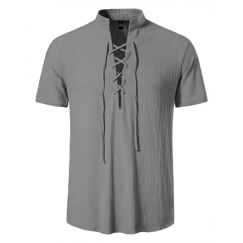 Chemise rétro à manches courtes pour hommes, en coton et lin, légère, respirante, couleur unie, hauts à la mode, col en v Pirate, chemises élégantes pour hommes - FATAONChemise rétro à manches courtes pour hommes, en coton et lin, légère, respirante, couleur unie, hauts à la mode, col en v Pirate, chemises élégantes pour hommesMode & Lifestyle HommeFATAON