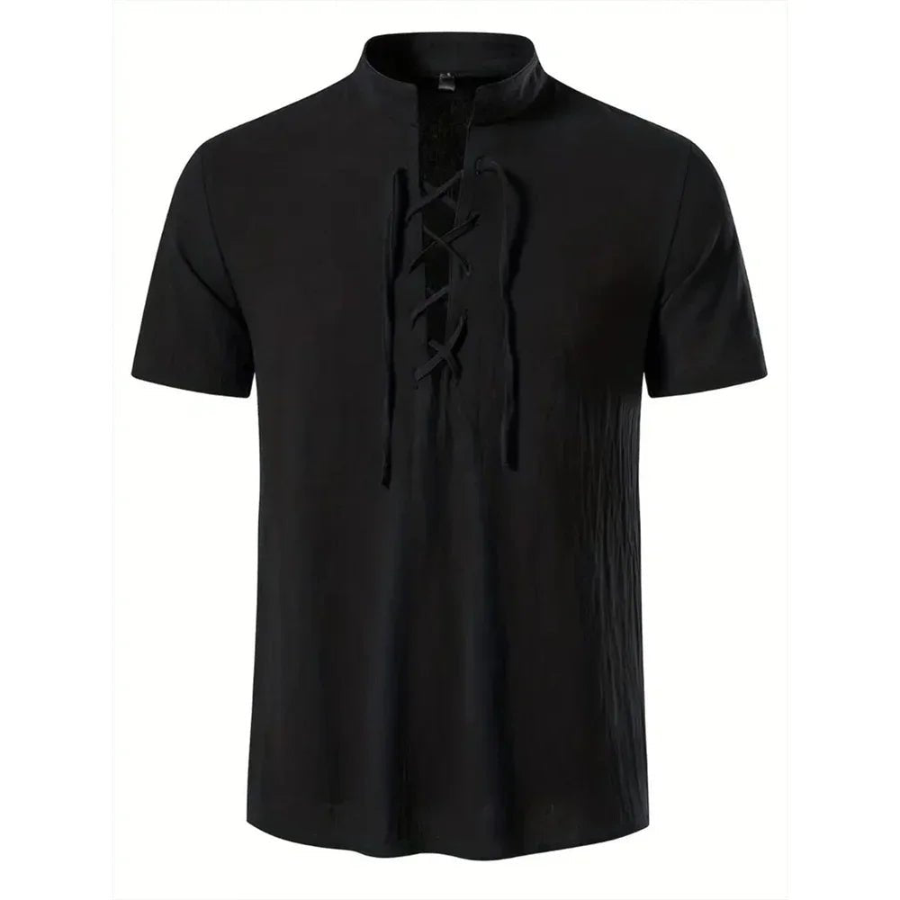 Chemise rétro à manches courtes pour hommes, en coton et lin, légère, respirante, couleur unie, hauts à la mode, col en v Pirate, chemises élégantes pour hommes - FATAONChemise rétro à manches courtes pour hommes, en coton et lin, légère, respirante, couleur unie, hauts à la mode, col en v Pirate, chemises élégantes pour hommesMode & Lifestyle HommeFATAON