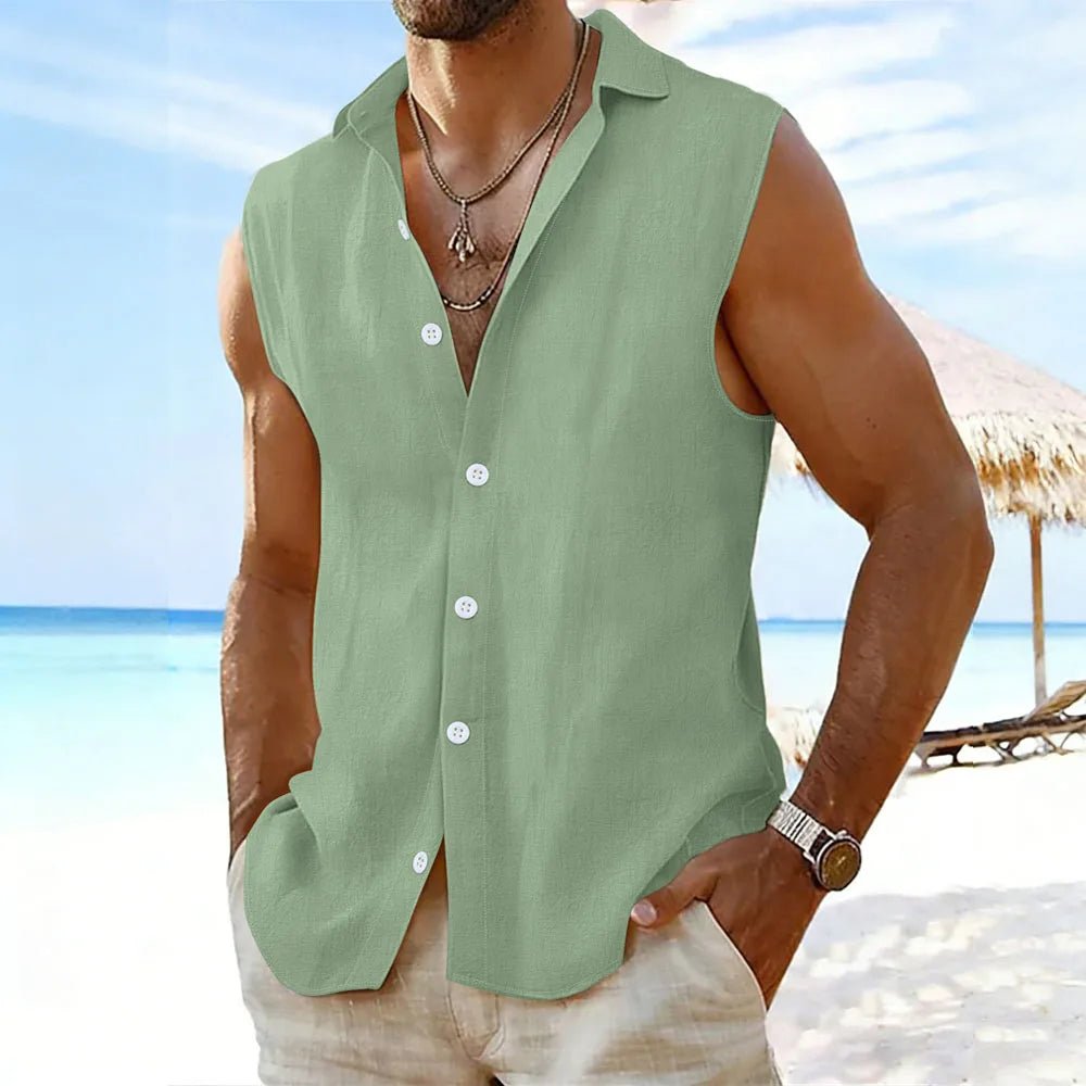 Chemise sans manches en coton et lin pour homme 2026, col rabattu, boutonnée, décontractée, pour la plage - FATAONChemise sans manches en coton et lin pour homme 2026, col rabattu, boutonnée, décontractée, pour la plageMode HommeFATAON
