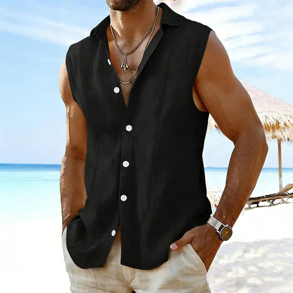Chemise sans manches en coton et lin pour homme 2026, col rabattu, boutonnée, décontractée, pour la plage - FATAONChemise sans manches en coton et lin pour homme 2026, col rabattu, boutonnée, décontractée, pour la plageMode HommeFATAON