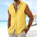 Chemise sans manches en coton et lin pour homme 2026, col rabattu, boutonnée, décontractée, pour la plage - FATAONChemise sans manches en coton et lin pour homme 2026, col rabattu, boutonnée, décontractée, pour la plageMode HommeFATAON