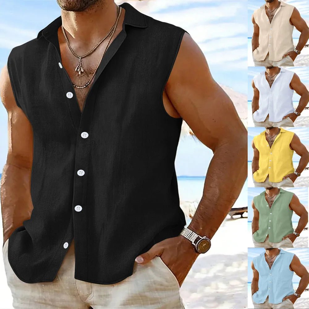 Chemise sans manches en coton et lin pour homme 2026, col rabattu, boutonnée, décontractée, pour la plage - FATAONChemise sans manches en coton et lin pour homme 2026, col rabattu, boutonnée, décontractée, pour la plageMode HommeFATAON